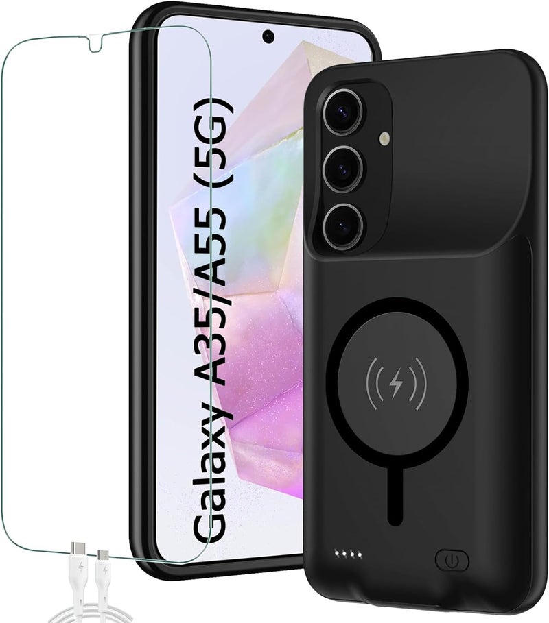 SNRONEW Battery Case for Galaxy A55/A35,Full Encircle[12000mAh]High Capacity Rechargeable Portable Charger Case Extended Battery Pack for Galaxy A55/A35(6.6inch)Wireless Charging Case with Carplay-Black - Image 1